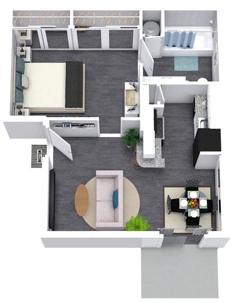 an overhead view of a floor plan with a bedroom and a living room